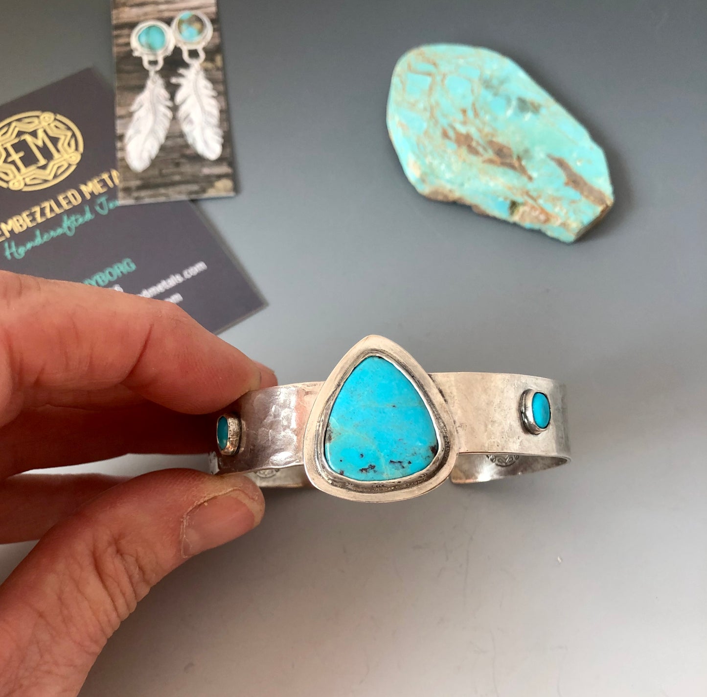 Hammered Sterling And Fox Turquoise Cuff Bracelet
