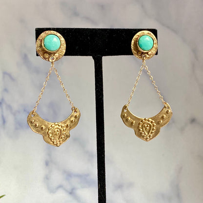 Turquoise And Gold Bronze Dangle Earrings - Harmony Gold & Turquoise Earrings
