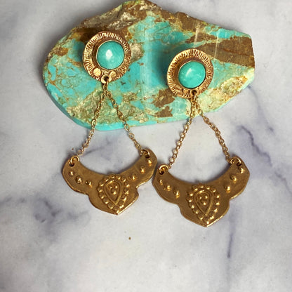Turquoise And Gold Bronze Dangle Earrings - Harmony Gold & Turquoise Earrings