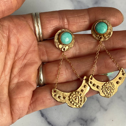 Turquoise And Gold Bronze Dangle Earrings - Harmony Gold & Turquoise Earrings