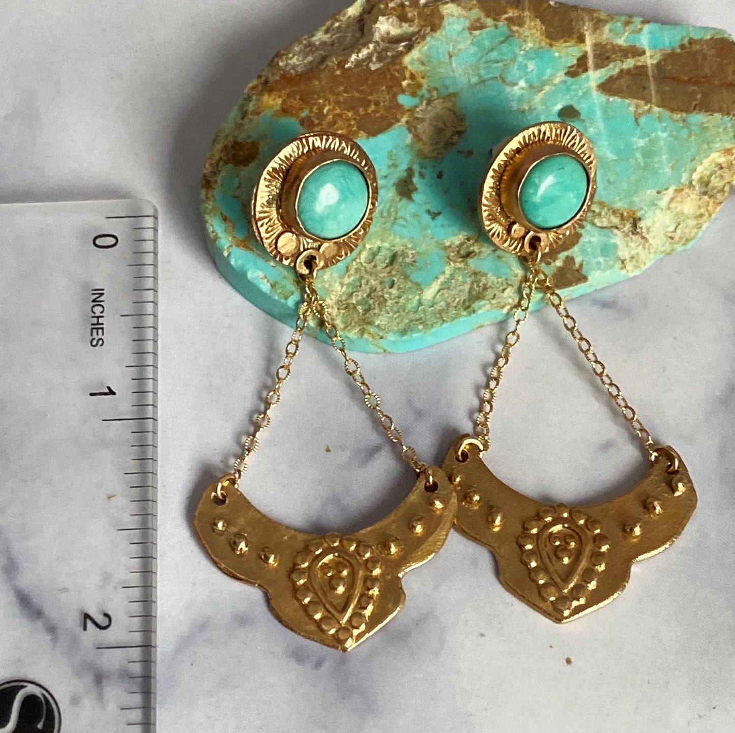 Turquoise And Gold Bronze Dangle Earrings - Harmony Gold & Turquoise Earrings