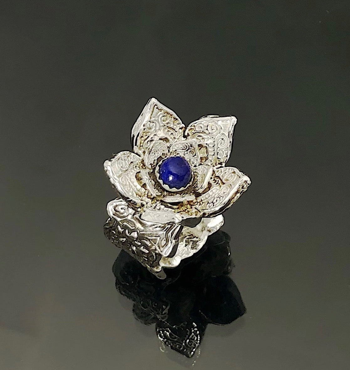 Sterling Lotus Flower Statement Ring with Lapis Center