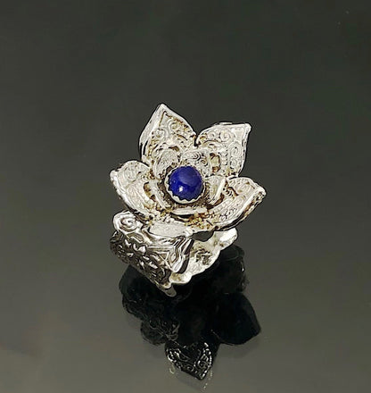 Sterling Lotus Flower Statement Ring with Lapis Center