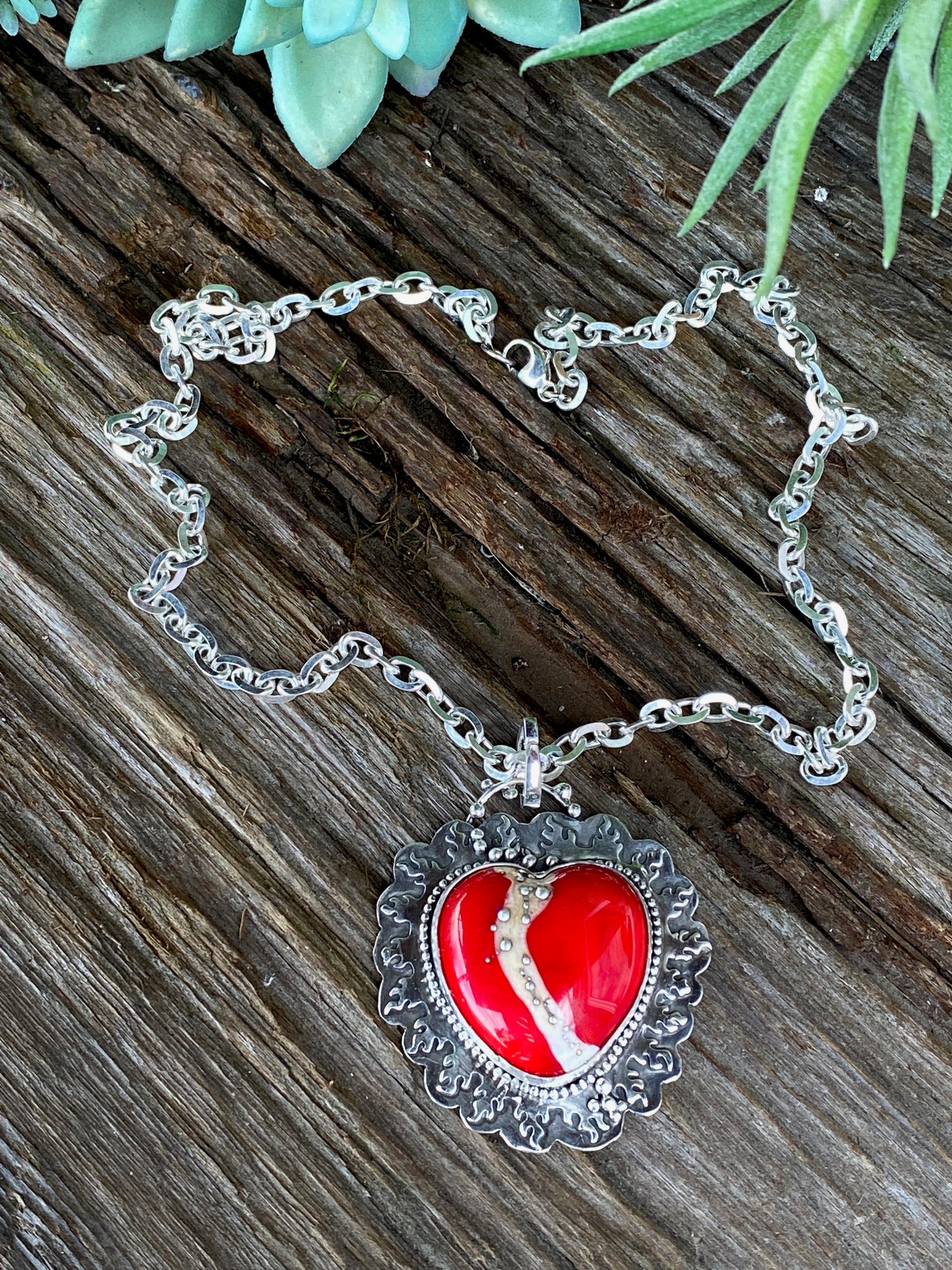 Red Lampwork Glass And Sterling Silver Flaming Heart Aritsan Necklace