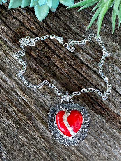 Red Lampwork Glass And Sterling Silver Flaming Heart Aritsan Necklace