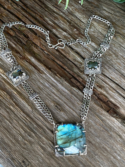 Labradorite And Sterling Silver Triple Gemstone Statement Necklace