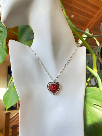 Red Hot Molten Lava Resin And Sterling Silver Heart
