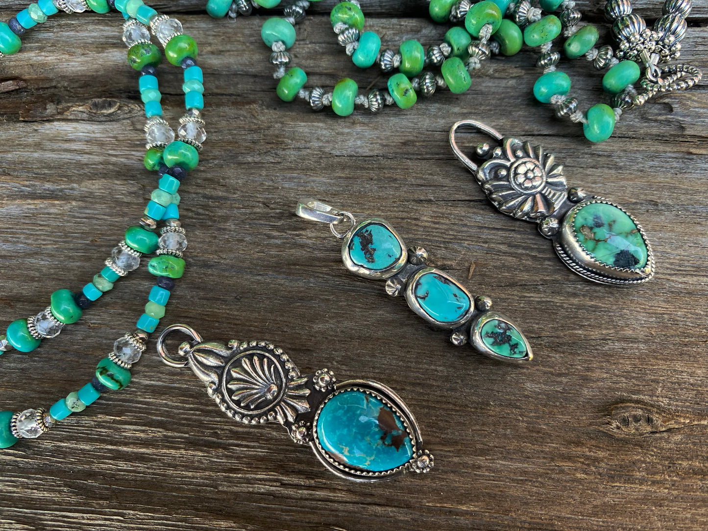 Totem Spirit Necklace - Turquoise And Sterling Beaded Chain With Triple Hubei Turquoise Pendant