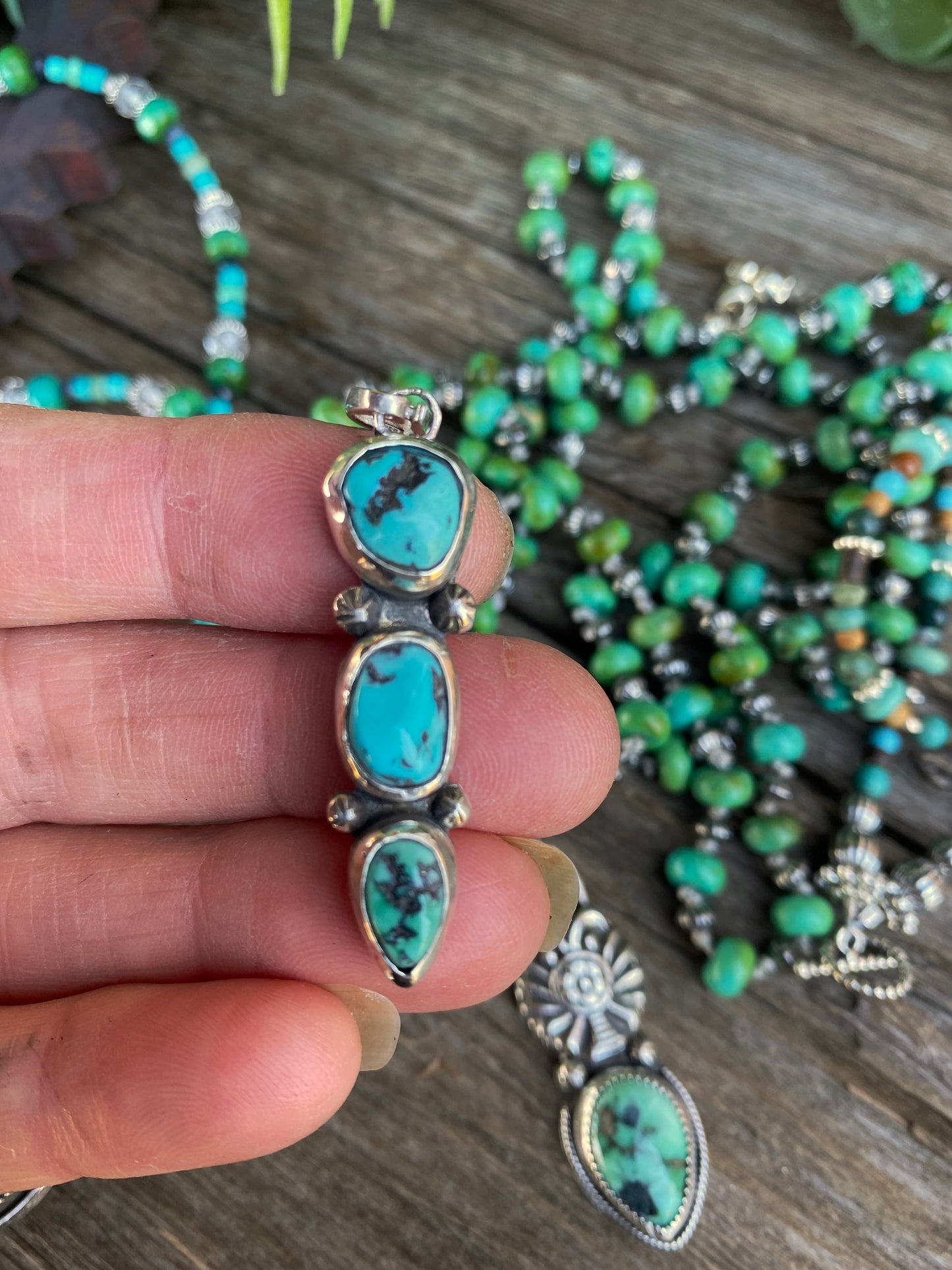 Totem Spirit Necklace - Turquoise And Sterling Beaded Chain With Triple Hubei Turquoise Pendant