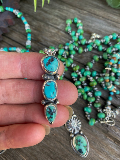 Totem Spirit Necklace - Turquoise And Sterling Beaded Chain With Triple Hubei Turquoise Pendant