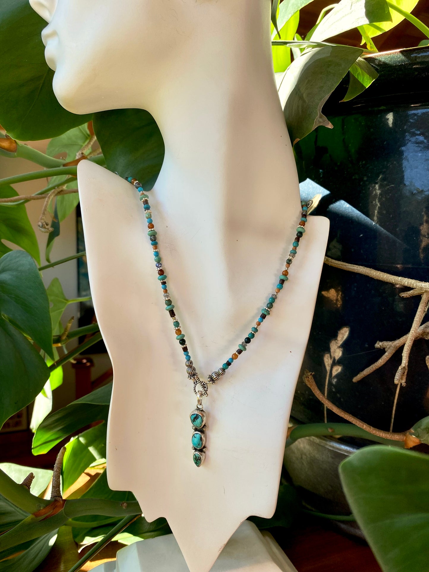 Totem Spirit Necklace - Turquoise And Sterling Beaded Chain With Triple Hubei Turquoise Pendant
