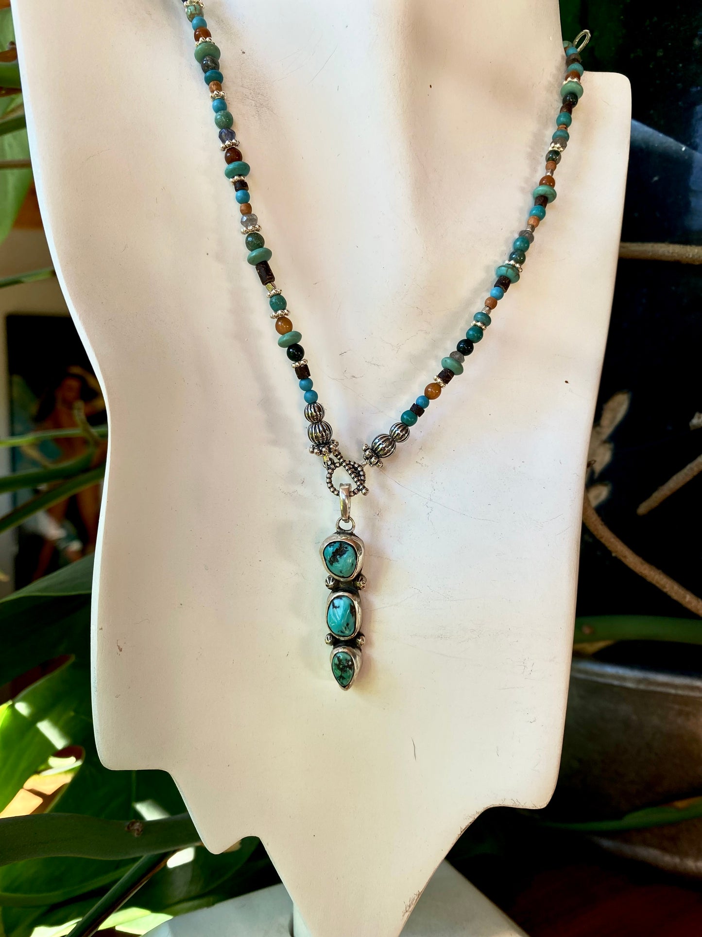 Totem Spirit Necklace - Turquoise And Sterling Beaded Chain With Triple Hubei Turquoise Pendant