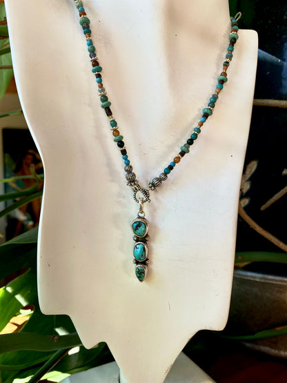 Totem Spirit Necklace - Turquoise And Sterling Beaded Chain With Triple Hubei Turquoise Pendant