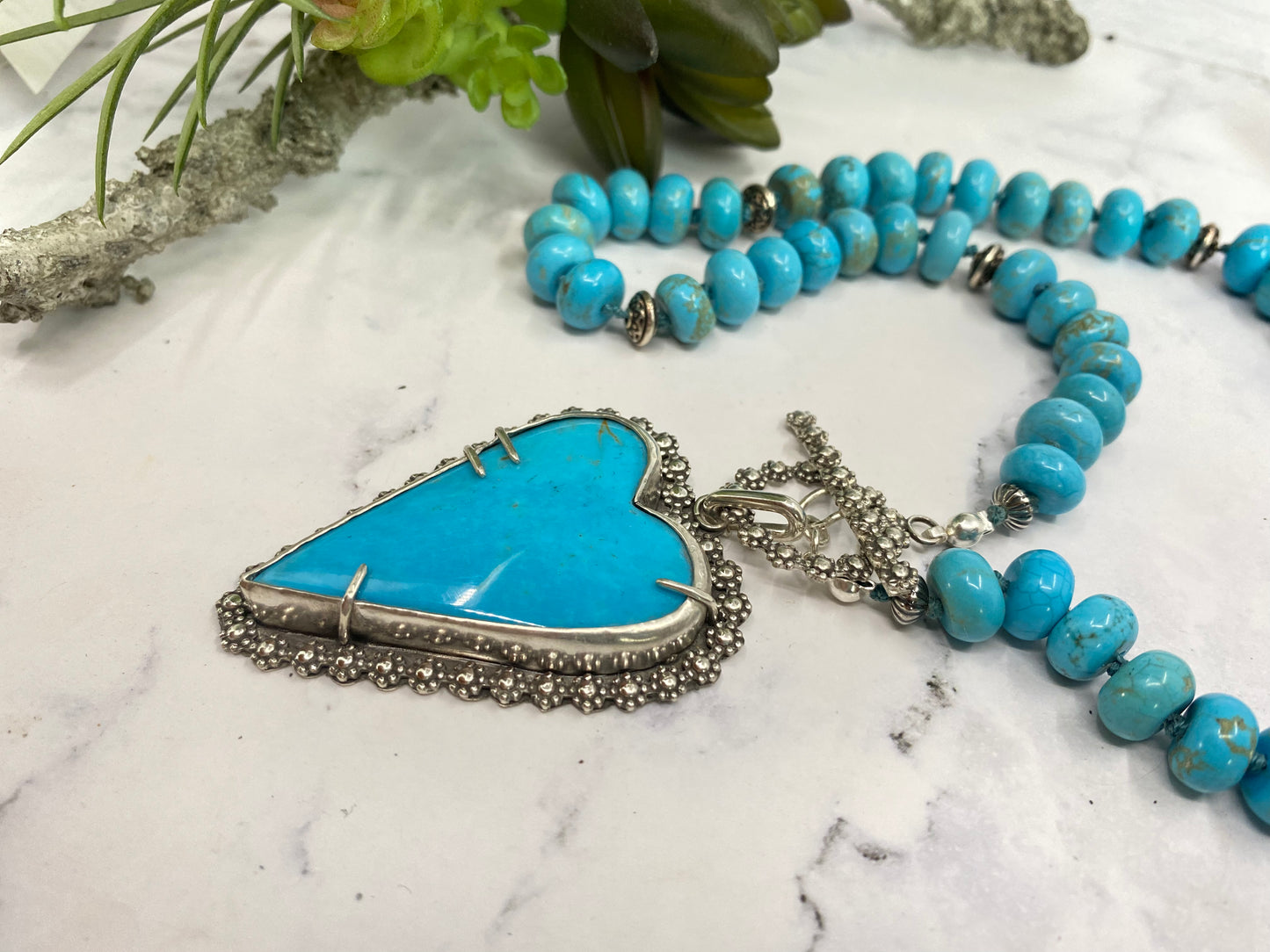Large Kingman Turquoise Heart Beaded Necklace-Hearts Collection