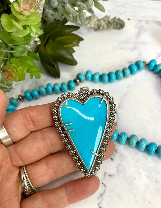 Large Kingman Turquoise Heart Beaded Necklace-Hearts Collection