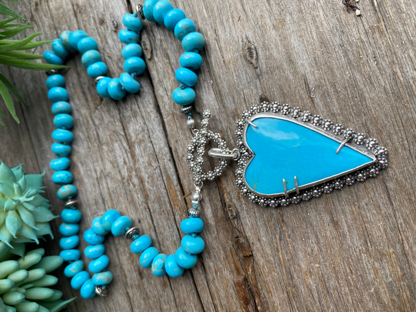 Large Kingman Turquoise Heart Beaded Necklace-Hearts Collection