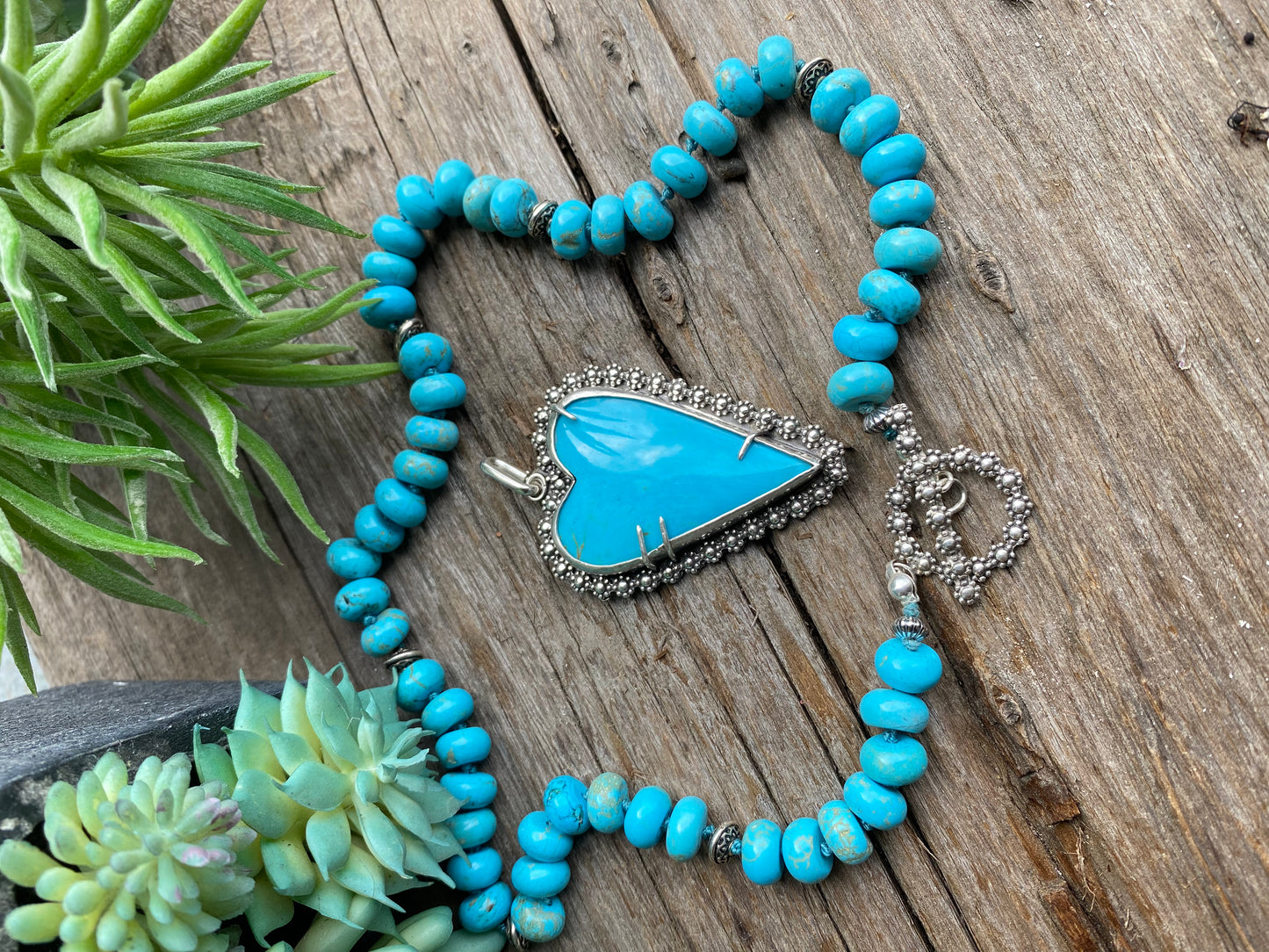 Large Kingman Turquoise Heart Beaded Necklace-Hearts Collection