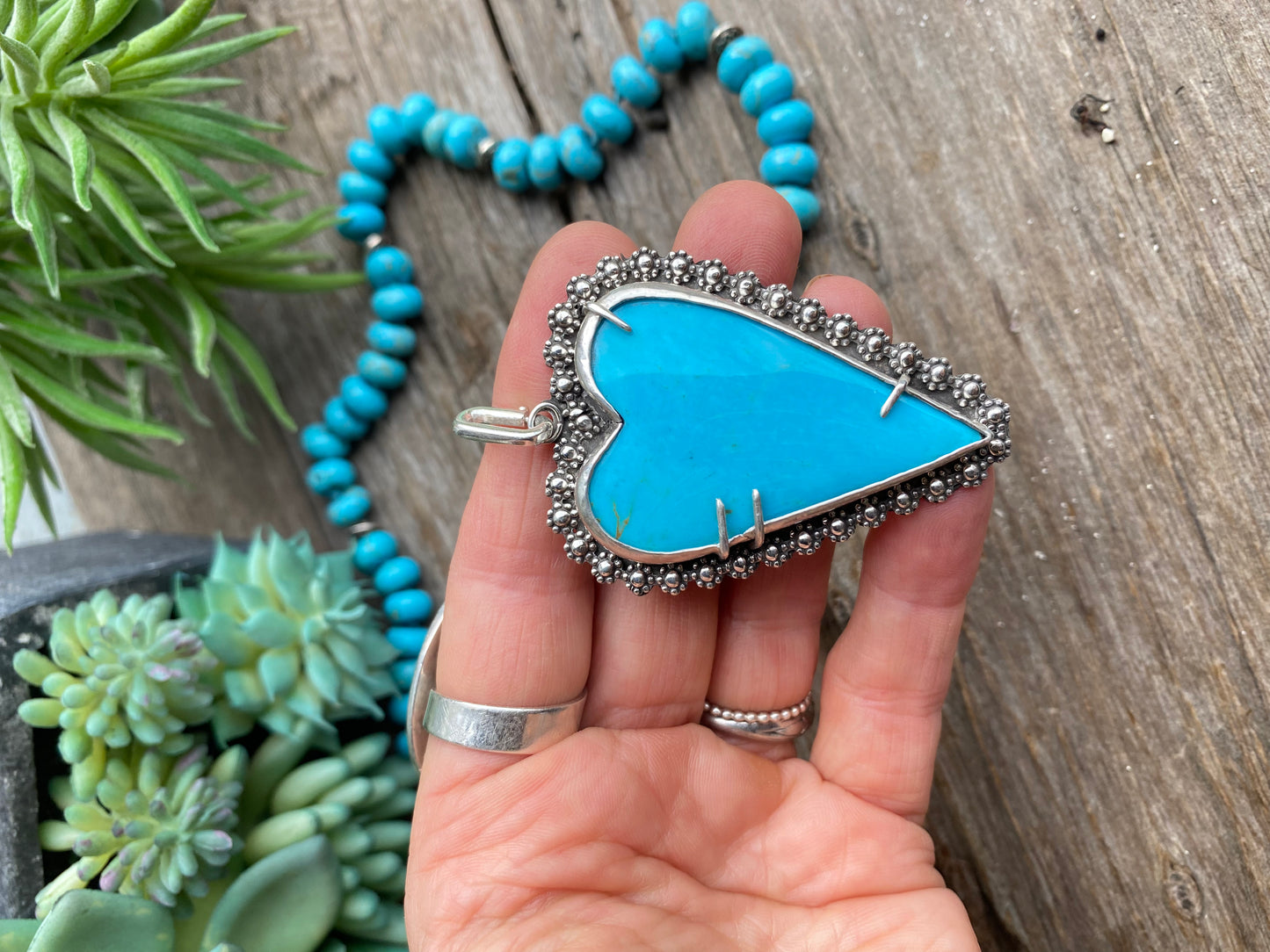 Large Kingman Turquoise Heart Beaded Necklace-Hearts Collection
