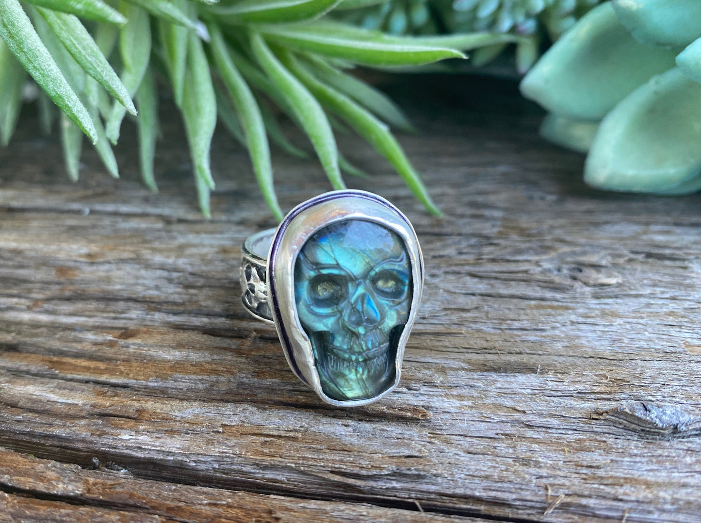 Carved Labradorite And Sterling Silver Skull Ring