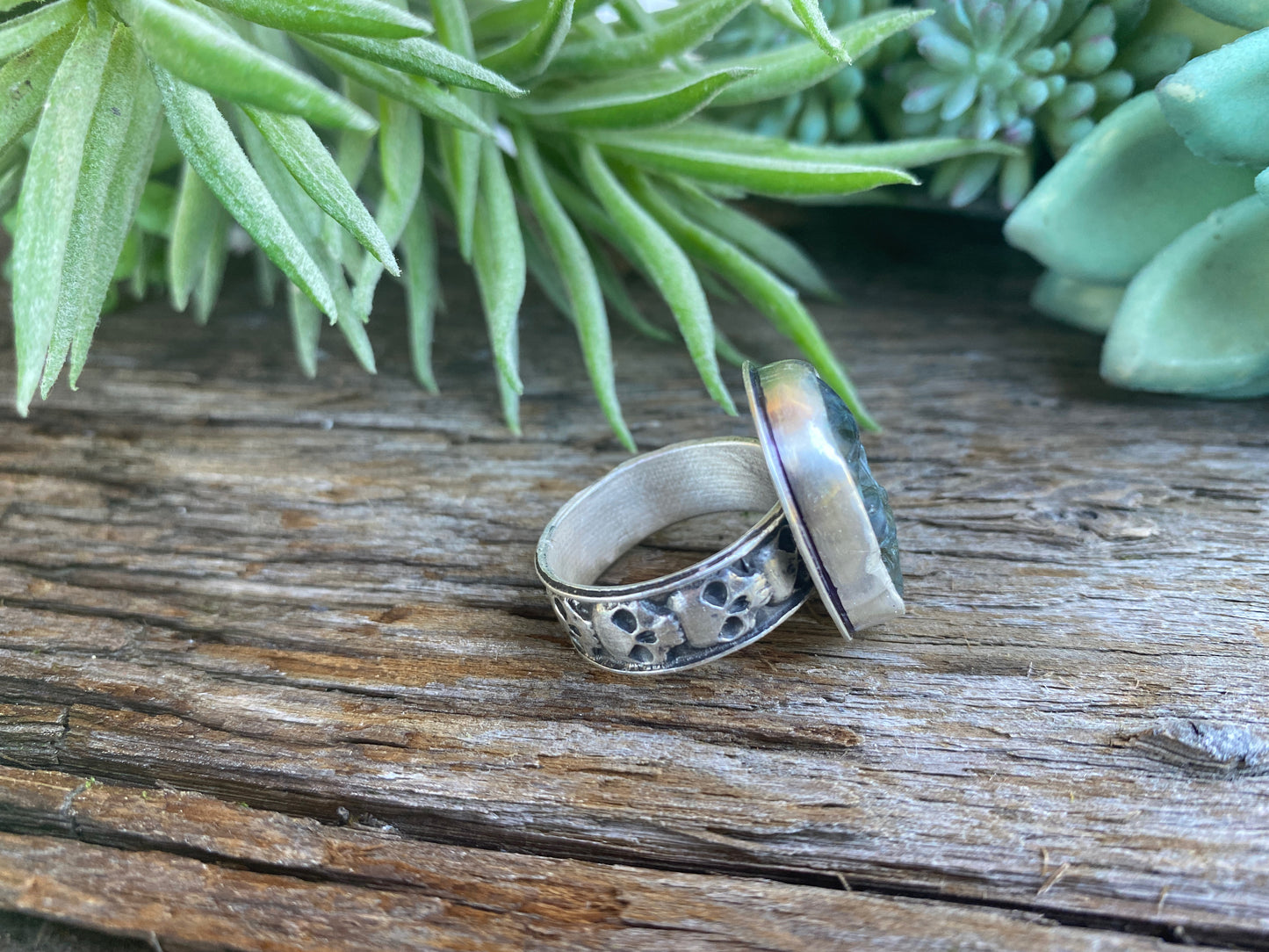 Carved Labradorite And Sterling Silver Skull Ring