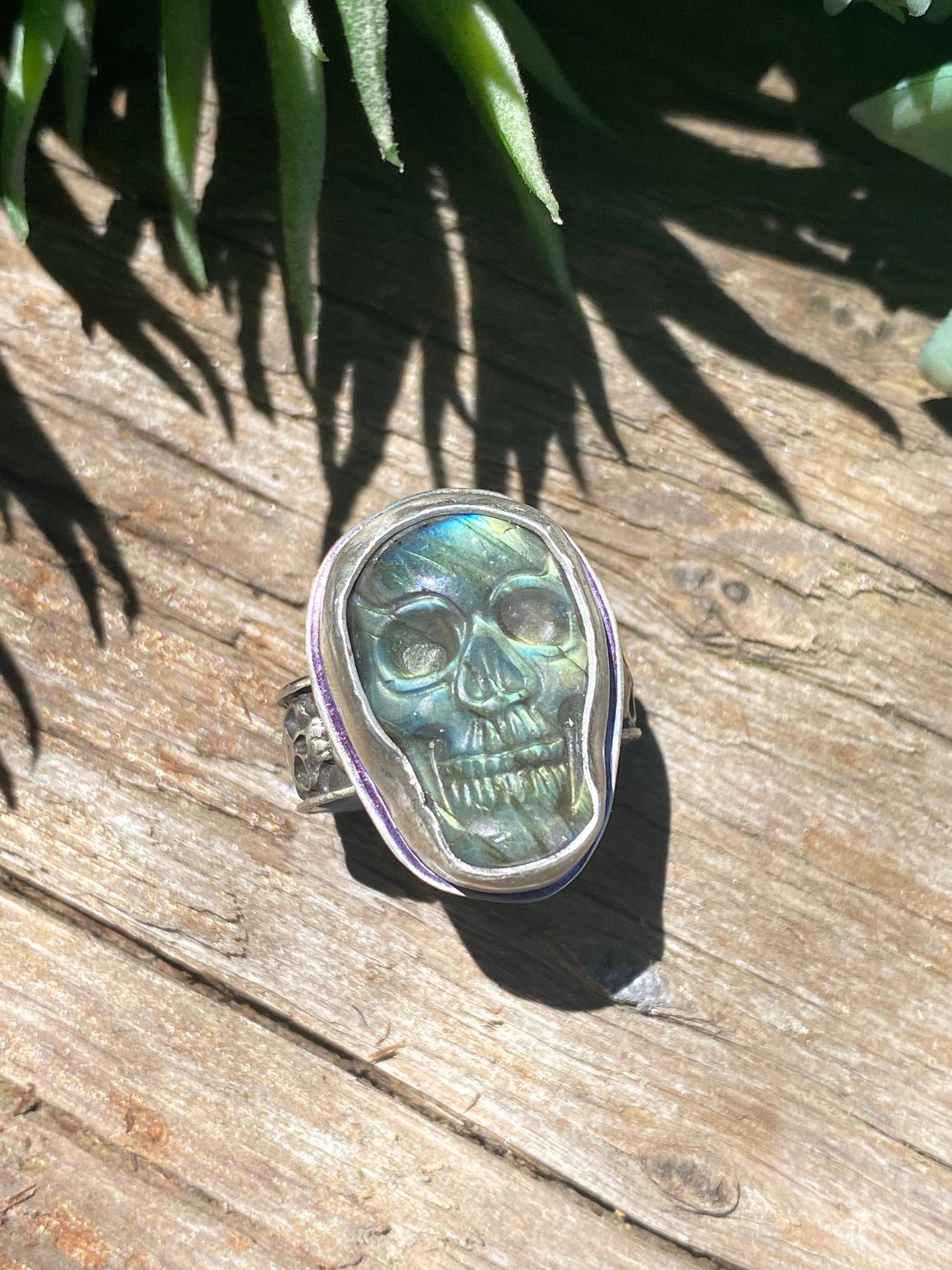 Carved Labradorite And Sterling Silver Skull Ring