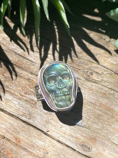 Carved Labradorite And Sterling Silver Skull Ring