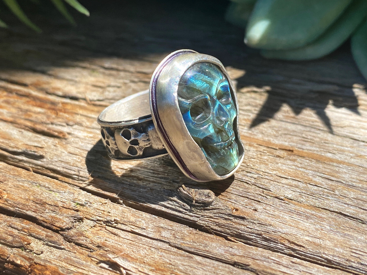 Carved Labradorite And Sterling Silver Skull Ring