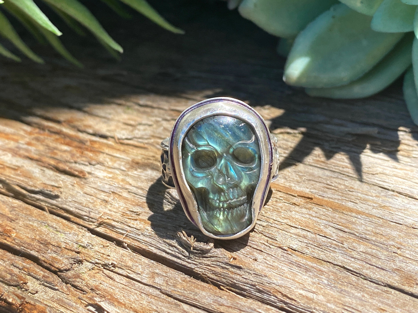 Carved Labradorite And Sterling Silver Skull Ring