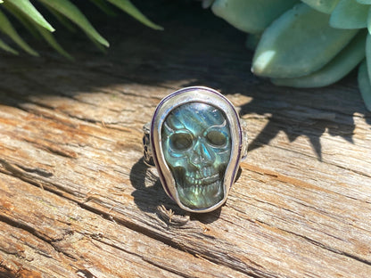 Carved Labradorite And Sterling Silver Skull Ring