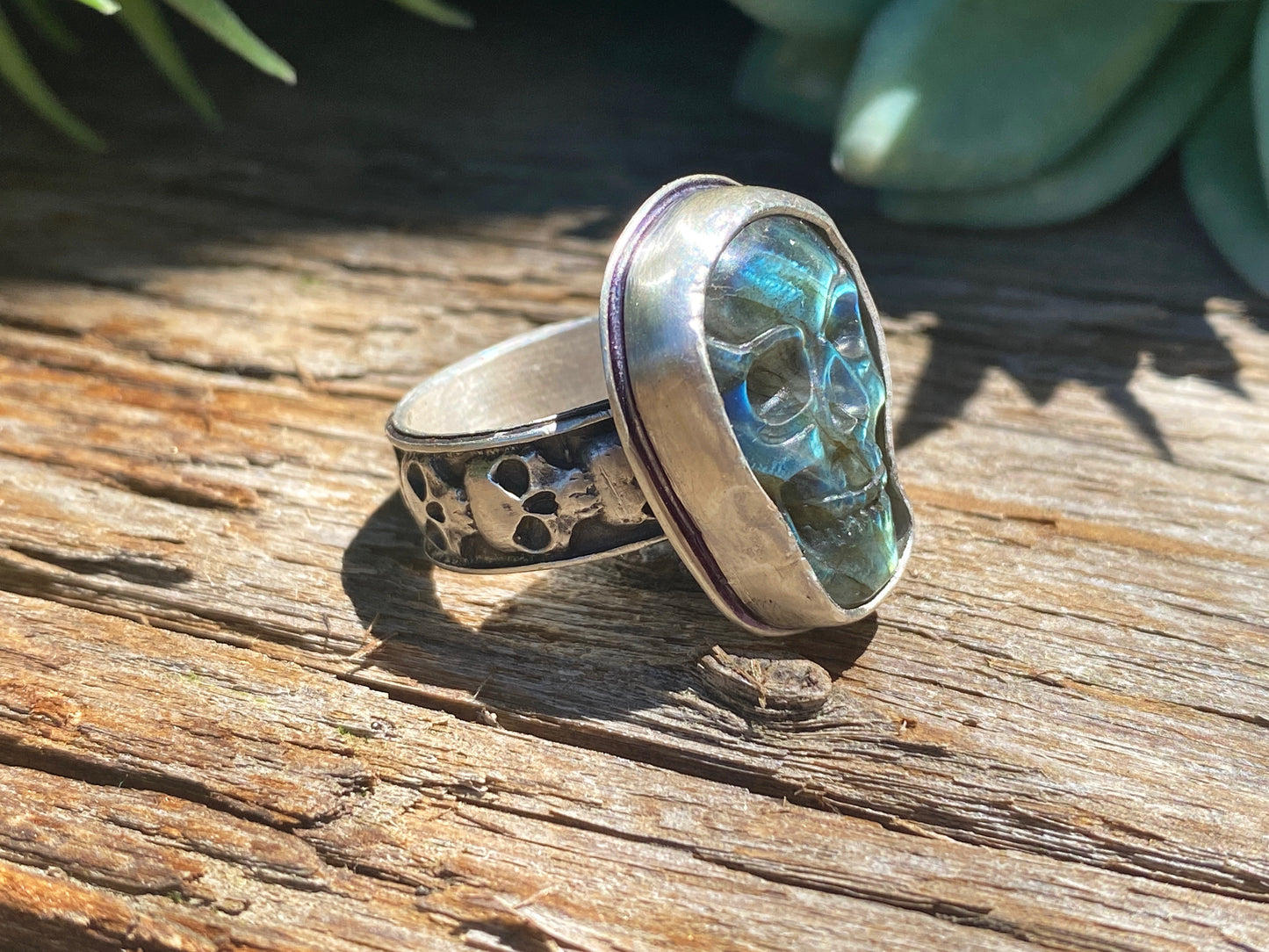 Carved Labradorite And Sterling Silver Skull Ring