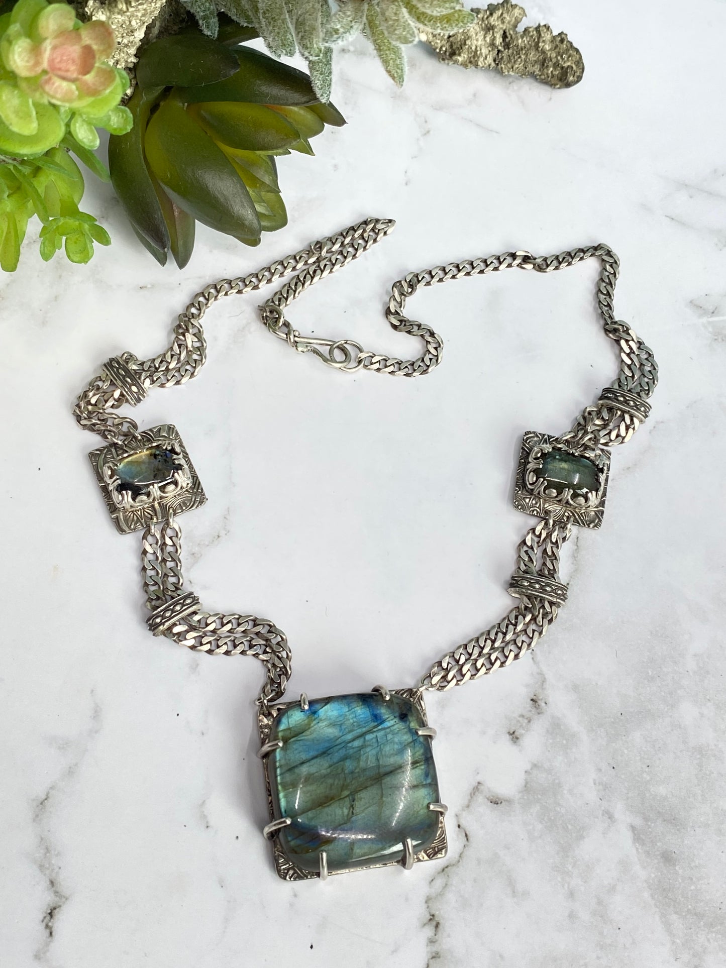 Labradorite And Sterling Silver Triple Gemstone Statement Necklace