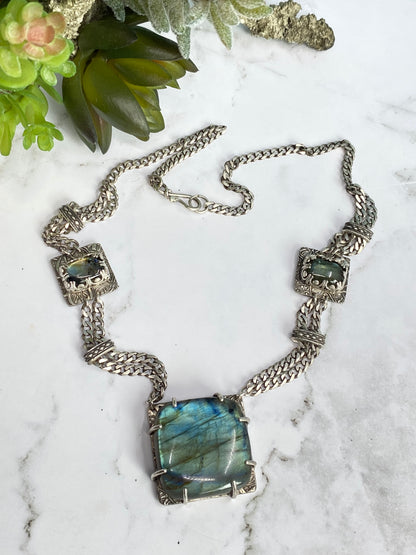 Labradorite And Sterling Silver Triple Gemstone Statement Necklace