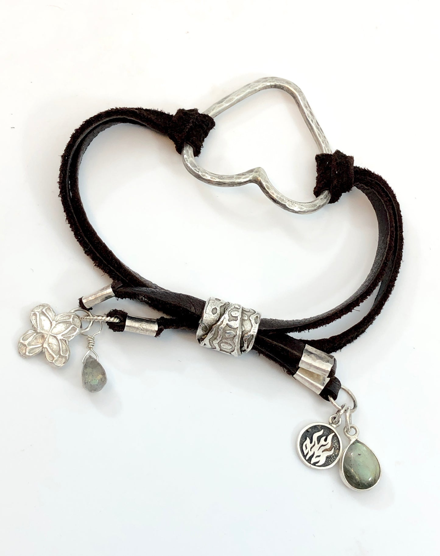Sterling Silver Heart And Leather Bracelet With Charms