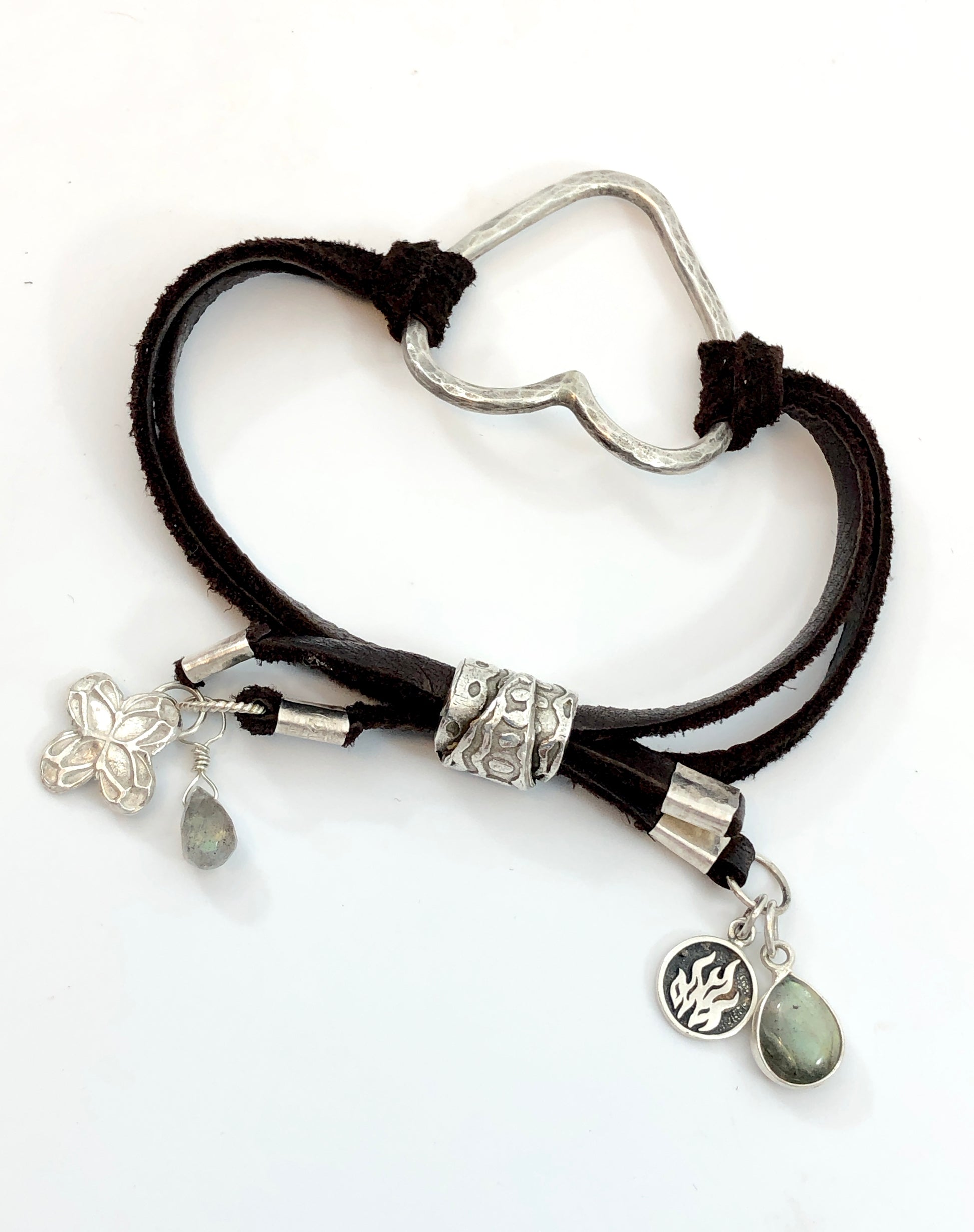 Sterling Silver Heart And Leather Bracelet With Charms