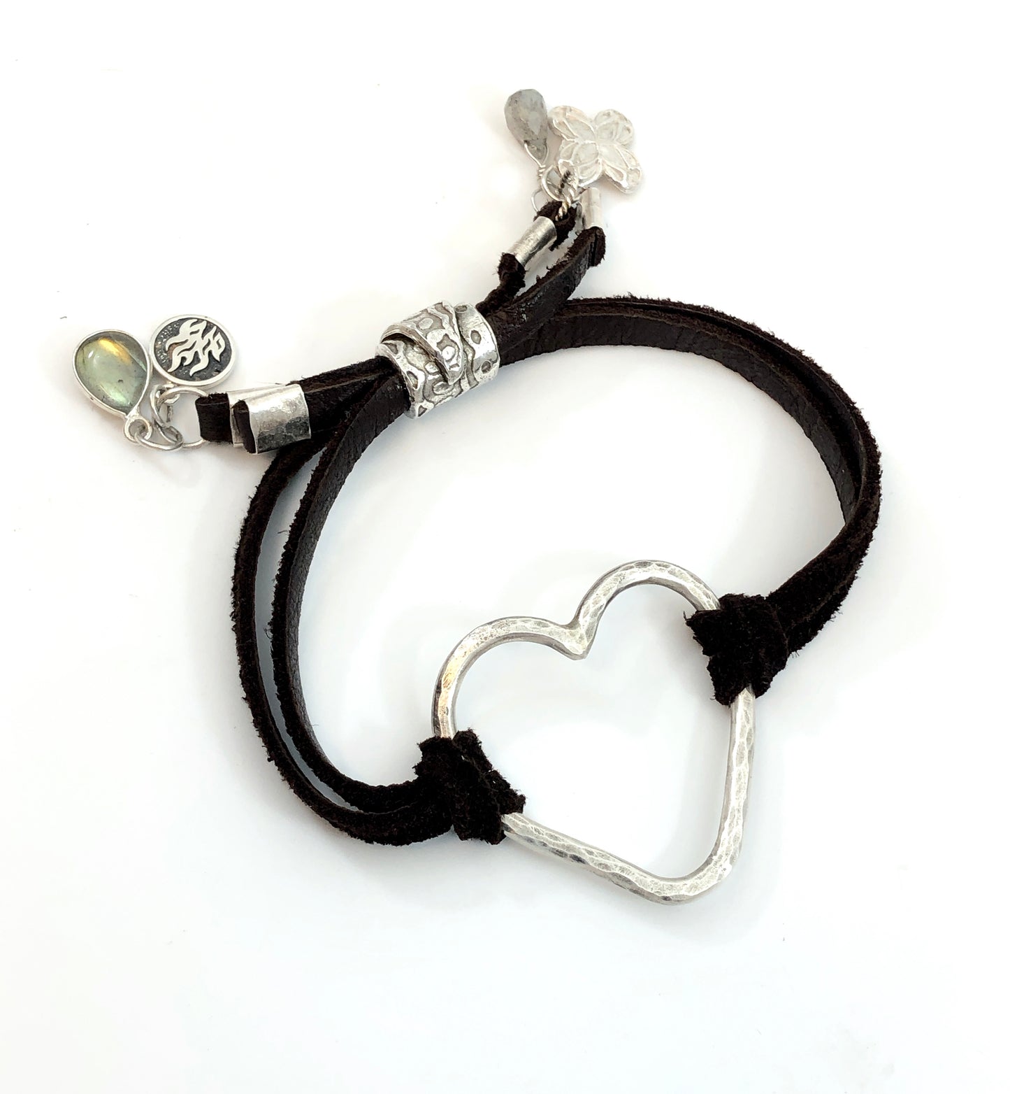 Sterling Silver Heart And Leather Bracelet With Charms