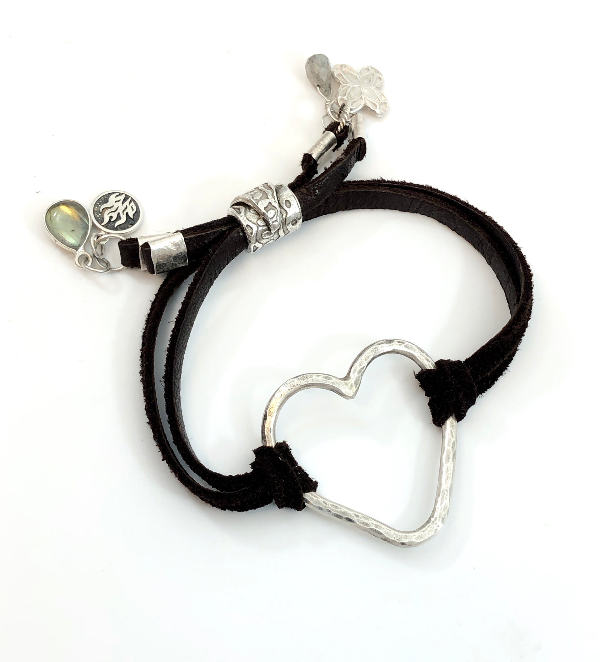 Sterling Silver Heart And Leather Bracelet With Charms