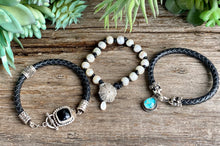 Load image into Gallery viewer, Sterling Silver Pebble Textured Black Onyx and Leather Bracelet
