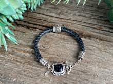 Load image into Gallery viewer, Sterling Silver Pebble Textured Black Onyx and Leather Bracelet
