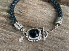 Load image into Gallery viewer, Sterling Silver Pebble Textured Black Onyx and Leather Bracelet
