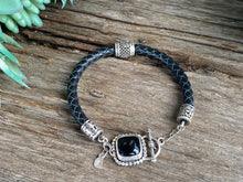 Load image into Gallery viewer, Sterling Silver Pebble Textured Black Onyx and Leather Bracelet
