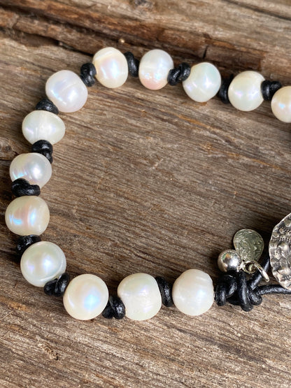 Sterling leather and pearl bracelet
