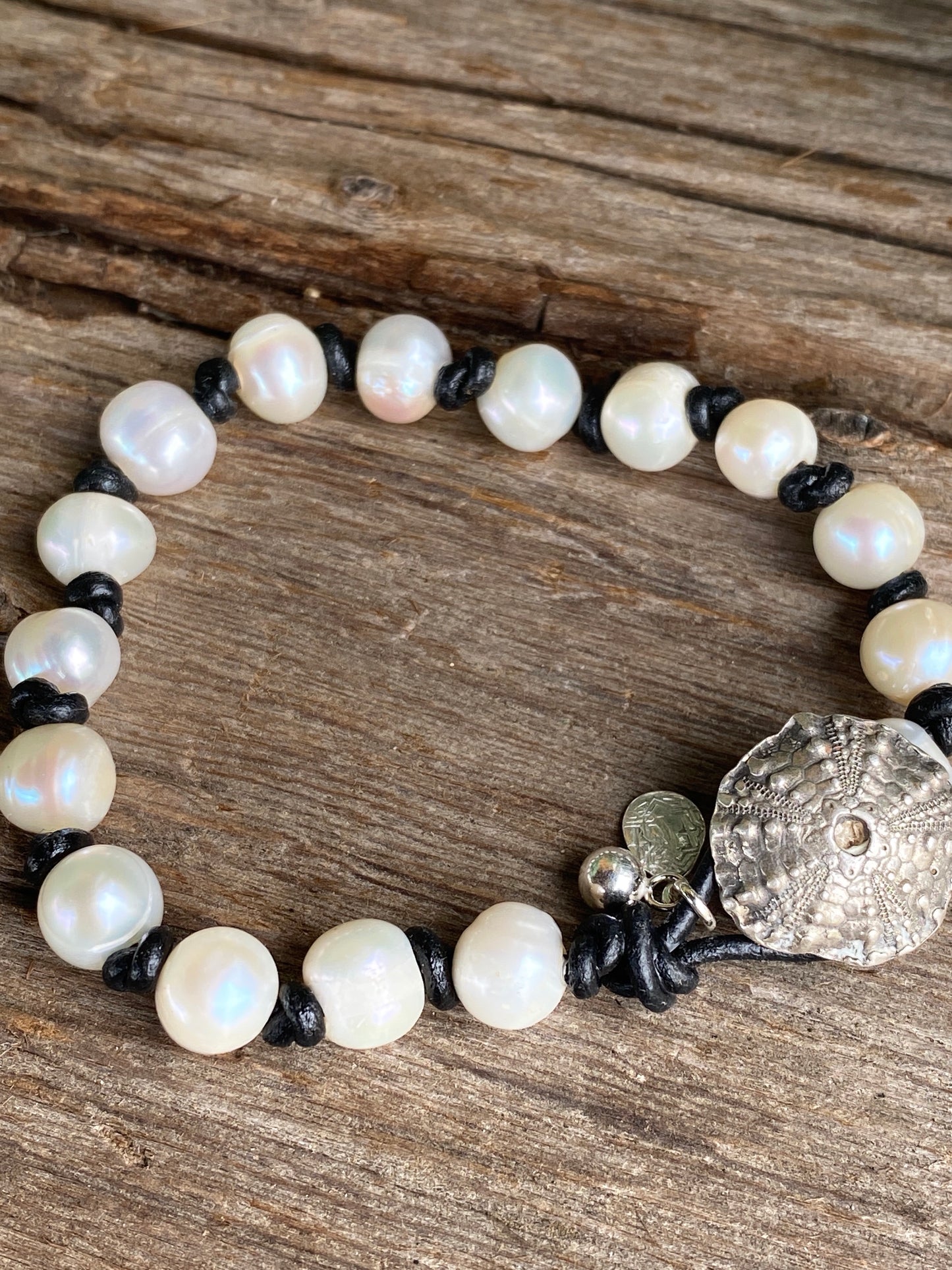 Sterling leather and pearl bracelet