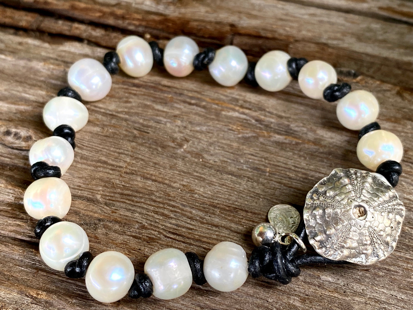 Sterling leather and pearl bracelet