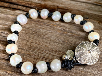 Sterling leather and pearl bracelet