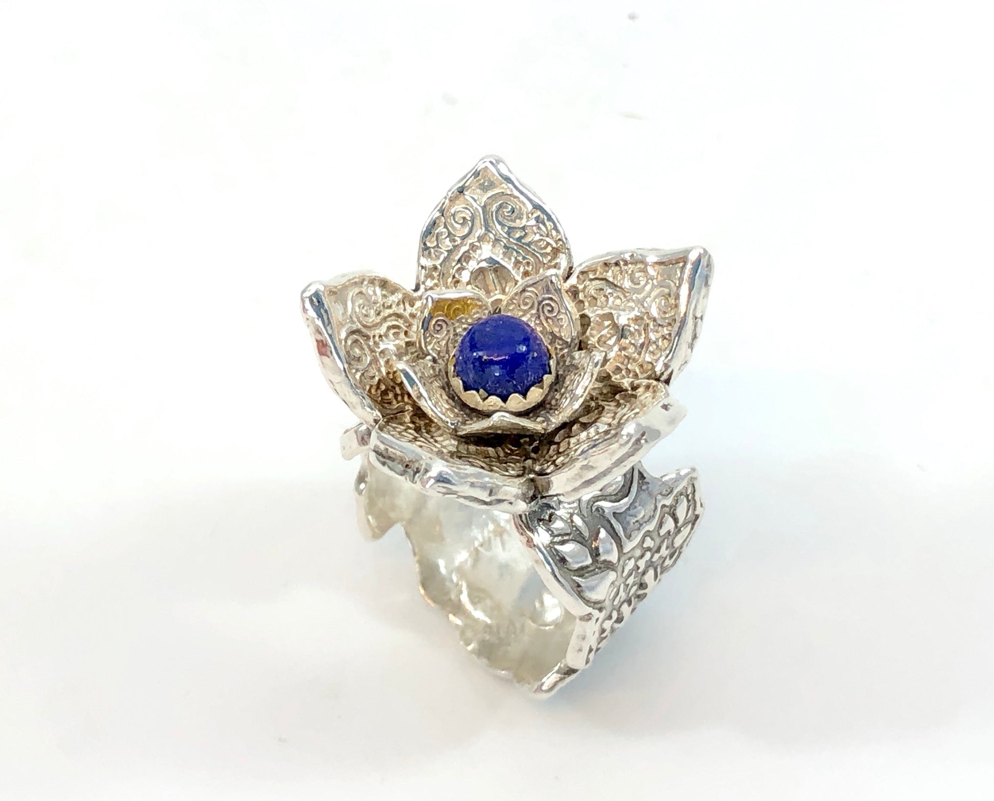 Sterling Lotus Flower Statement Ring with Lapis Center
