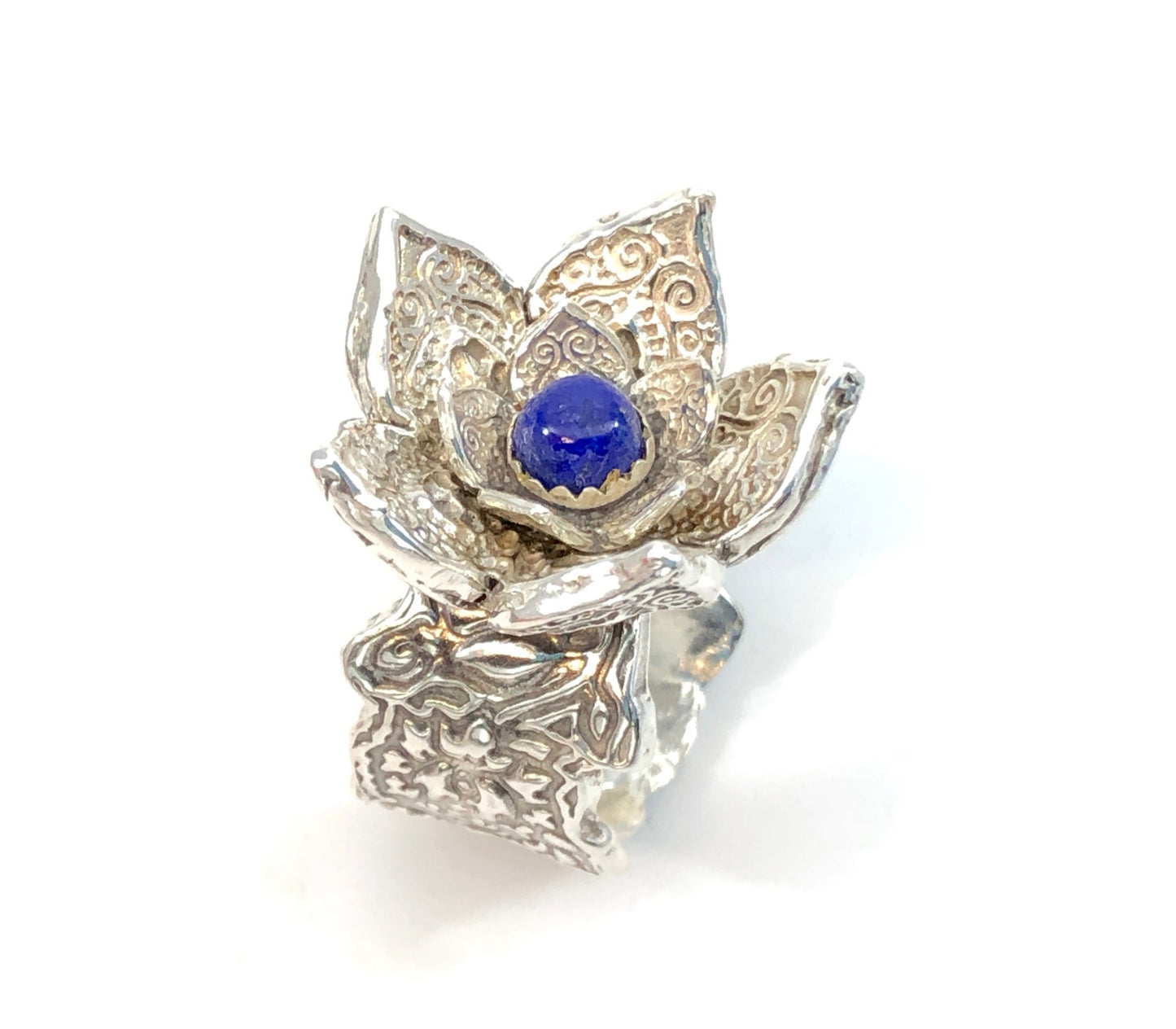 Sterling Lotus Flower Statement Ring with Lapis Center