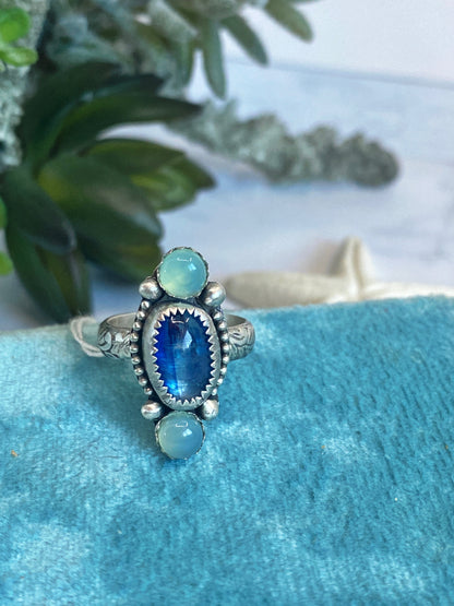 Triple Gemstone Ring - Blue Kyanite and Sea Green Chelcedony Ring