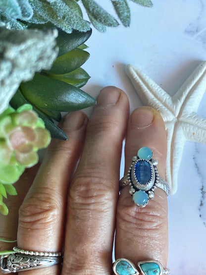 Triple Gemstone Ring - Blue Kyanite and Sea Green Chelcedony Ring