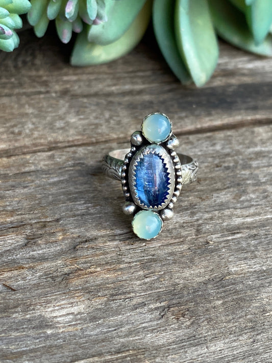 Triple Gemstone Ring - Blue Kyanite and Sea Green Chelcedony Ring