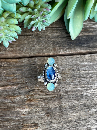 Triple Gemstone Ring - Blue Kyanite and Sea Green Chelcedony Ring